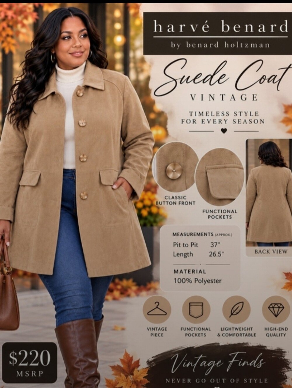 Harve Benard Classic Tan Trench Coat - Timeless Fall Jacket - Picture 2 of 4